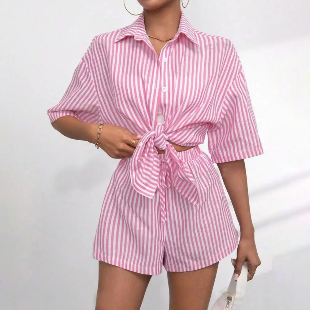 Versatile Two Piece Outfit Women's Summer Two Piece Set with Striped Button Down Shirt Drawstring Shorts for Holiday Lounge