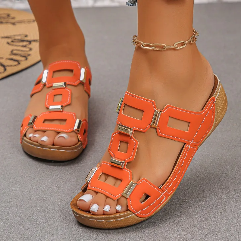Roman Style Women's Slippers Hollow Open Toe Beach Sandals Retro Comfortable Non Slip Wedge Heels Durable Summer Shoes for Women