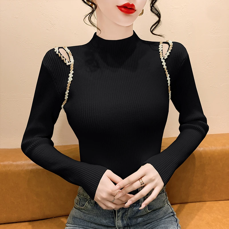 

2025 Autumn Winter Women Sweater Fashion High High Collar Beaded Pullovers Tops Off Shoulder Irregular Knitted Shirt