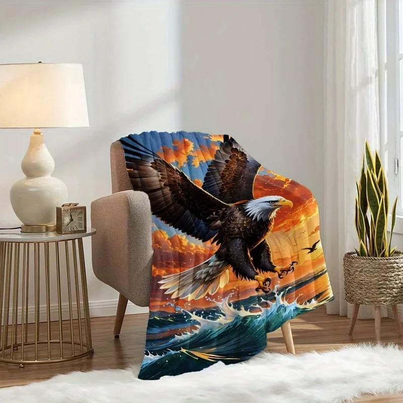 Vibrant Eagle Soaring Over Sunset Waves Throw Blanket Cozy Home Decor Gift for Outdoors Lovers