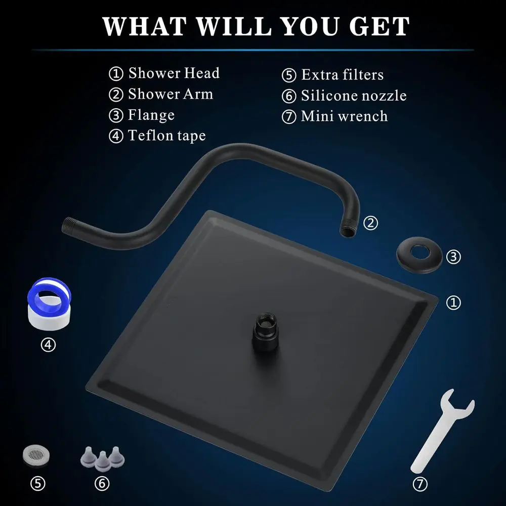 12 رأس دش مربع كبير معدني بالكامل مع 13 ذراع معقوفة، تصميم شلال عالي التدفق باللون الأسود #5