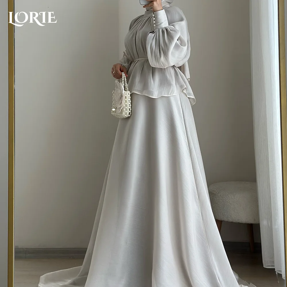 

LORIE Modest Crepe Evening Dress Pleats Puff Long Sleeve Floor Length Prom Dresses Ruched Illsion Arabia Party Gowns Customized