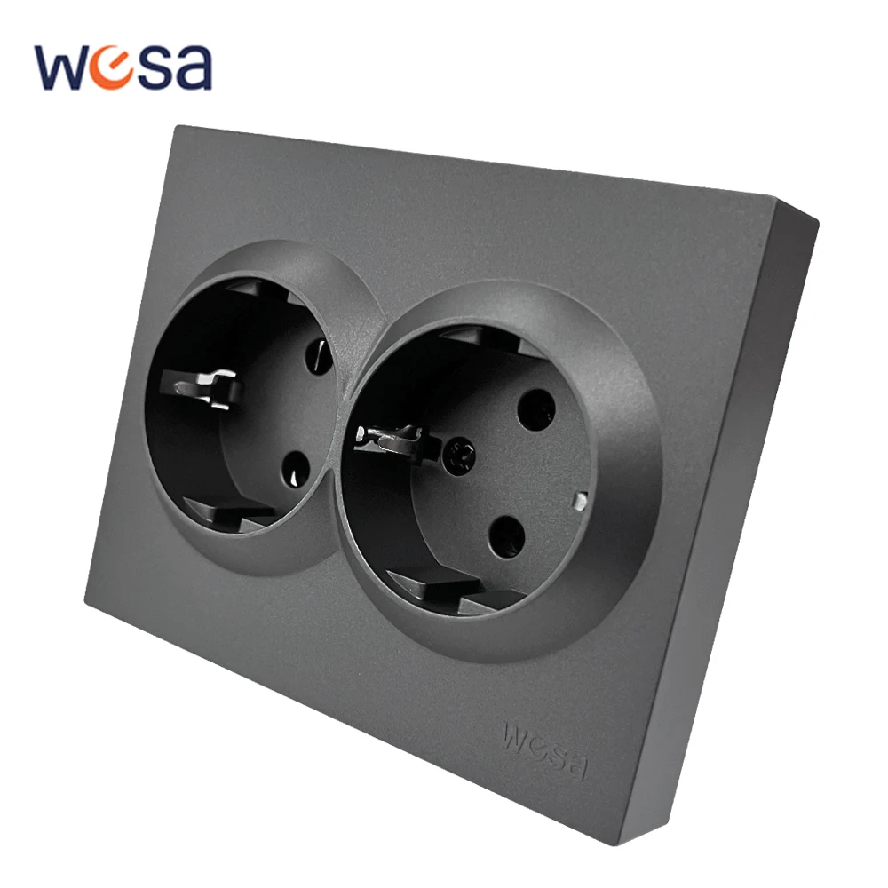 

WESA Grey Double Power Socket 16A EU Standard Electrical Outlett With Ground Plugs Flame Retardant Spray Paint Panel Wall Socket