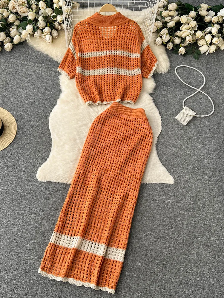 Spring Summer Hollow Out Beach Suits 2023 Vintage Lapel Neck Knit Loose Top+Long Split Skirt Sets Knitted Casual Two Pieces Sets