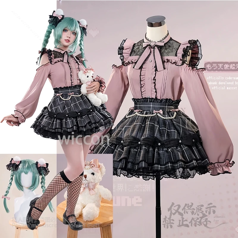 

Anime Mikuuu Cosplay Costume Cute Pink Black Short Dress Y2K Jirai Kei Costume Mikku Wigs Doll Props Women Halloween Dress SML
