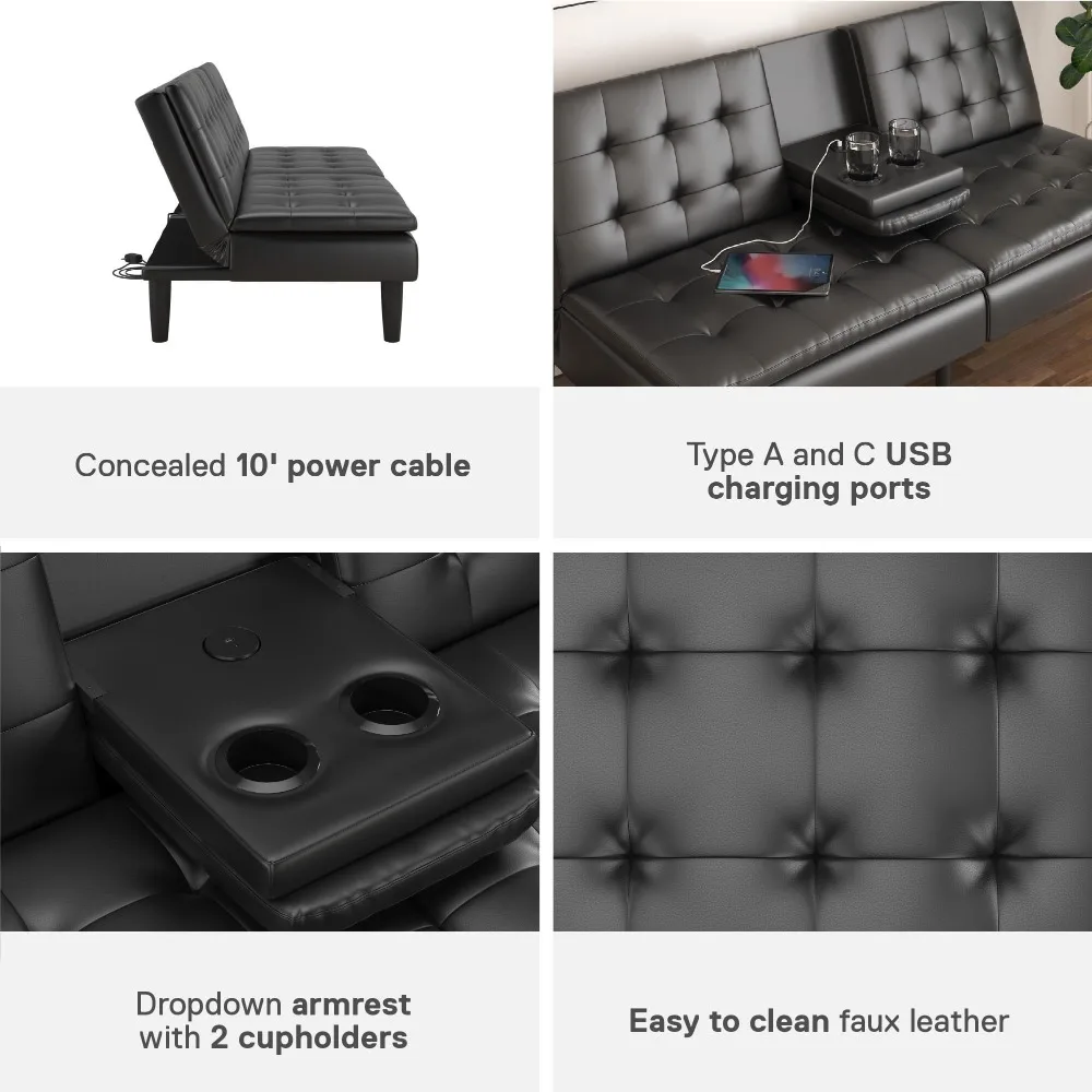 Новинка 2024, современный диван-диван Futon из пены с эффектом памяти, с подставкой и USB, черная искусственная кожа