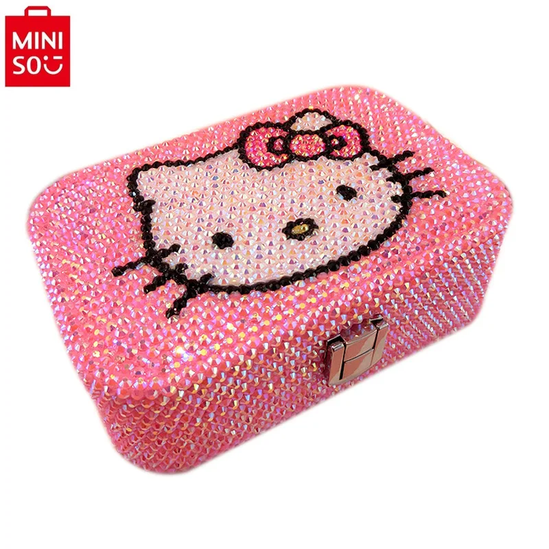 MINISO 2024 Fashion New High Quality Diamond Stick Hello Kitty Cute Jewelry Bag Women\'s Sweet Multi functional Storage Box