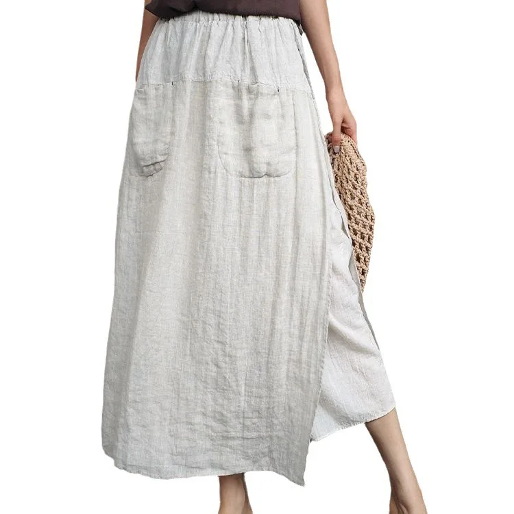 Falda y pantalones de lino con abertura grande integrados para mujer, pantalones cortos informales grandes y holgados de primavera y verano, dos piezas falsas