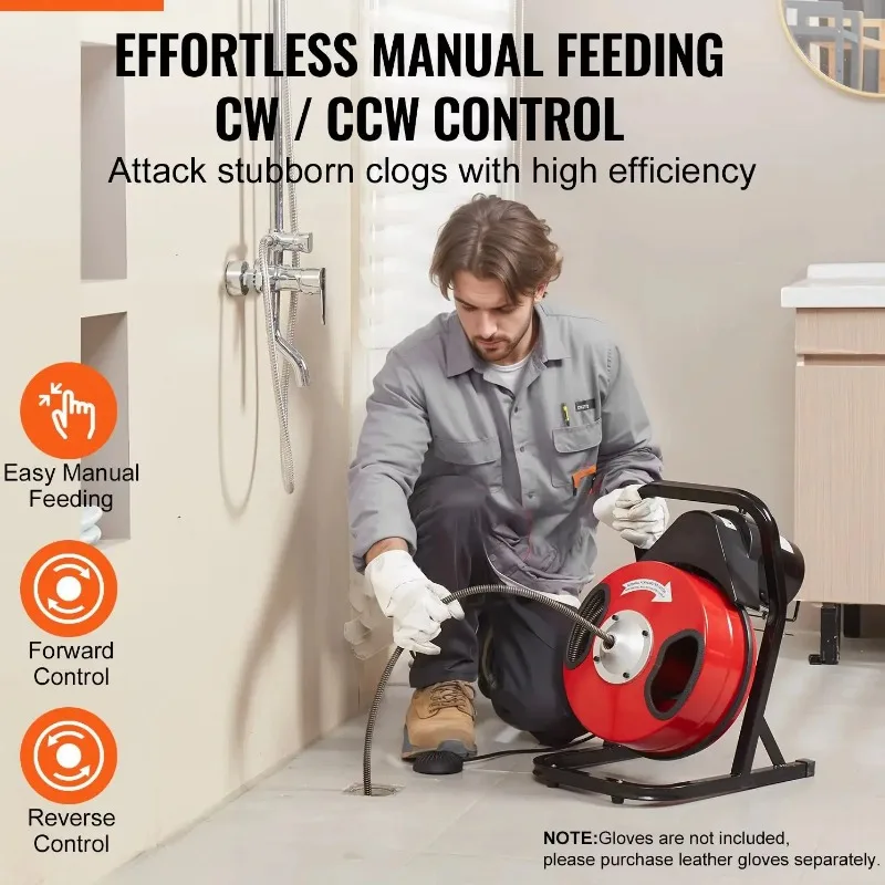 SucceBuy Drain Cleaner Machine 50FT 1/2 Inch Manual Feed Sewer Snake Auger with 4 Cutters & Air-activated Foot Switch for Pipes