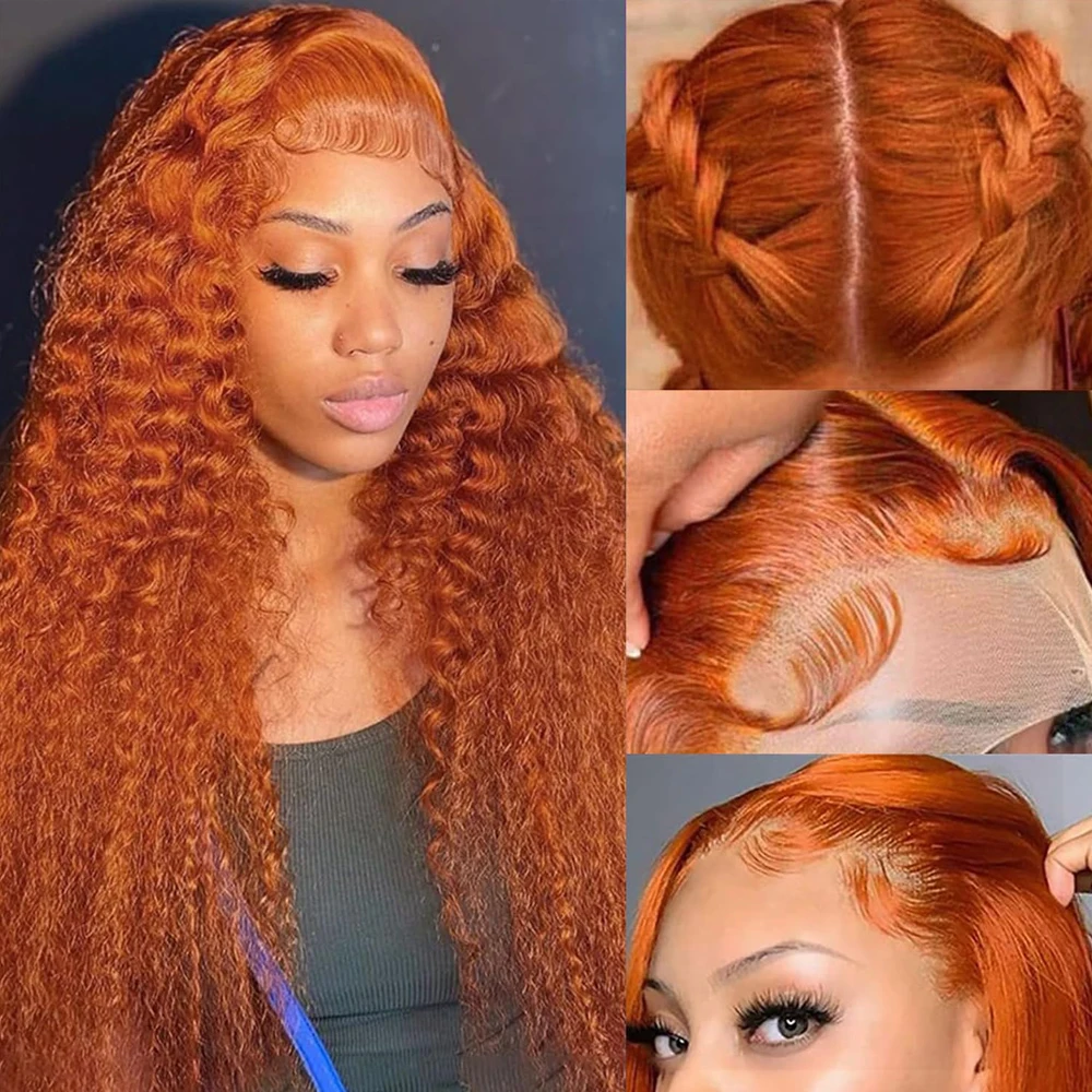 210% Ginger Orange Long Deep Wave Wavy Lace Front Wigs Human Hair 13×6 Transparent Lace Frontal Human Hair Wigs Pre Plucked