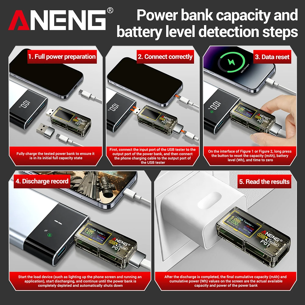 ANENG P01 DC 4-30V USB Digitaler Spannungstester mit Ausschalt-Speicherfunktion Schnellladungs-Spannungs-Strom-Kapazitäts-Tester – Detail 10