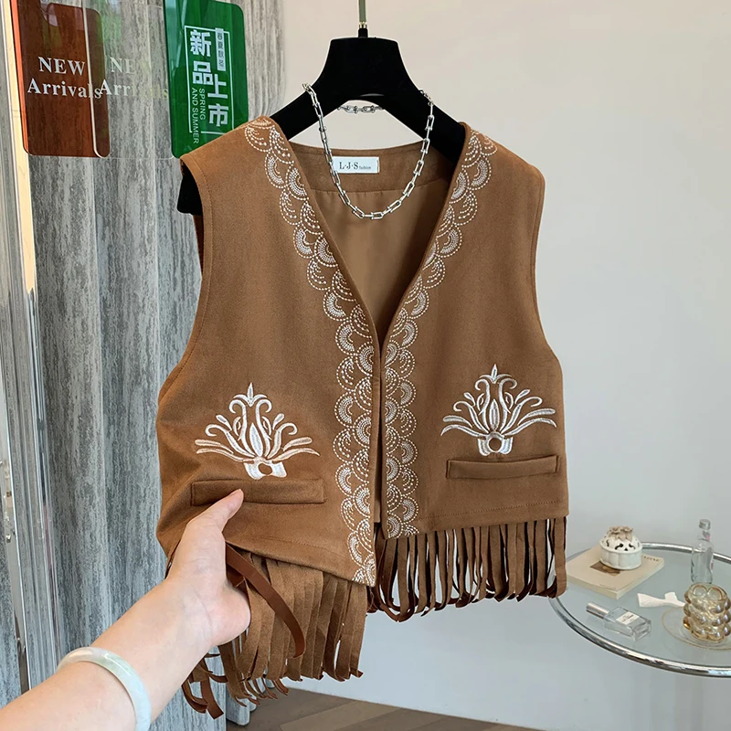 n Retro Embroidered Tassel Vest Top Summer Travel Photoaphy Pure Color Layering with Skirt Svel ort Length