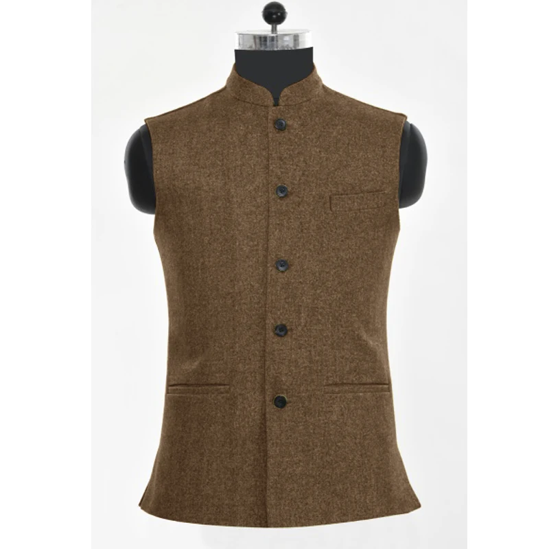 

Men's Vest Brown Herringbone Wool Tweed Stand Collar Single Breasted Vintage Steampunk Waistcoat For Men Casual Wedding Vest