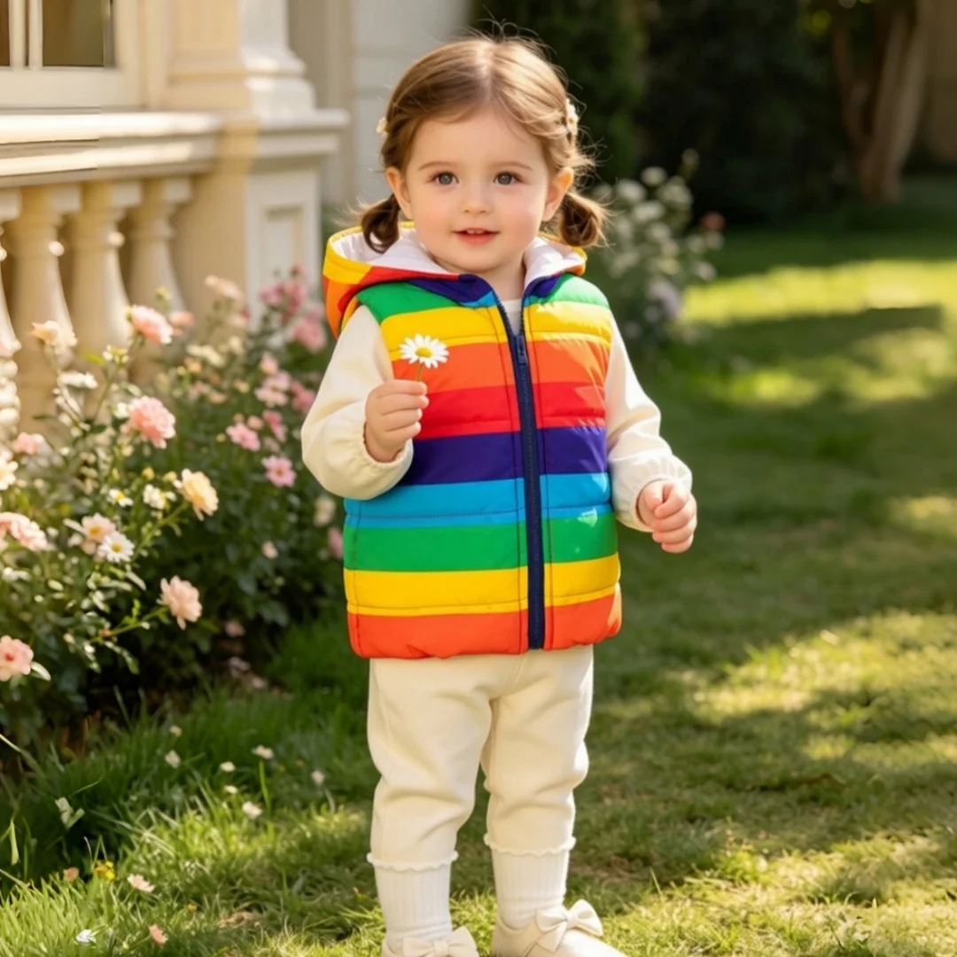 Cute Baby Girl Vest Autumn/Winter New Fashion Striped Sleeveless Vest Hooded Top Baby Thick Warm Daily Outdoor Coat
