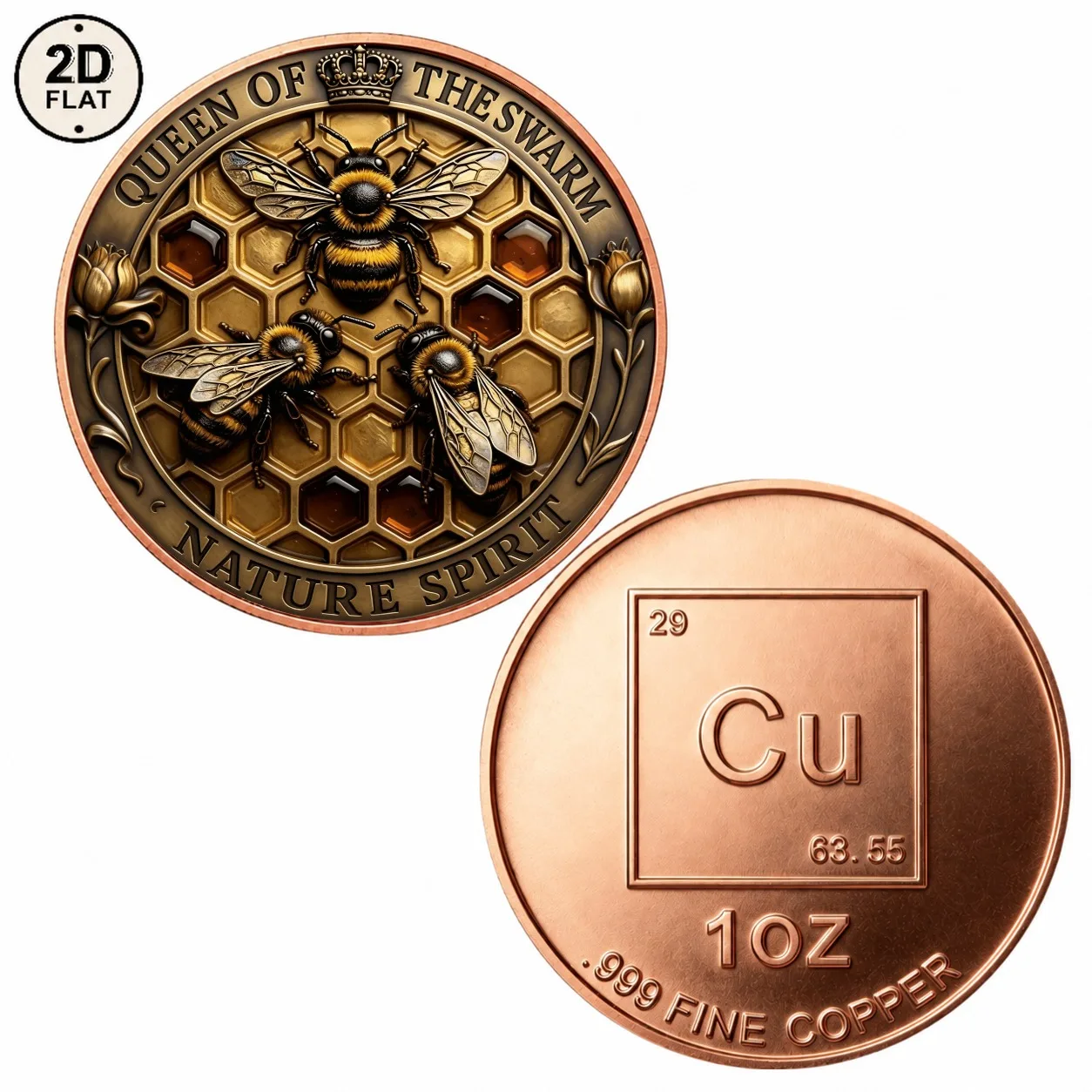 1pc 1oz .999 Fine Copper Queen of The Swarm Bee Challenge Coin UV Print Honeycomb Bumblebee Collectible Medal Insect Fan GiftS
