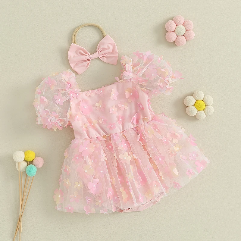 0-18M Newborn Baby Girls Rompers Dress Flower Embroidery Mesh Short Sleeve Jumpsuits Headband Princess Outfits