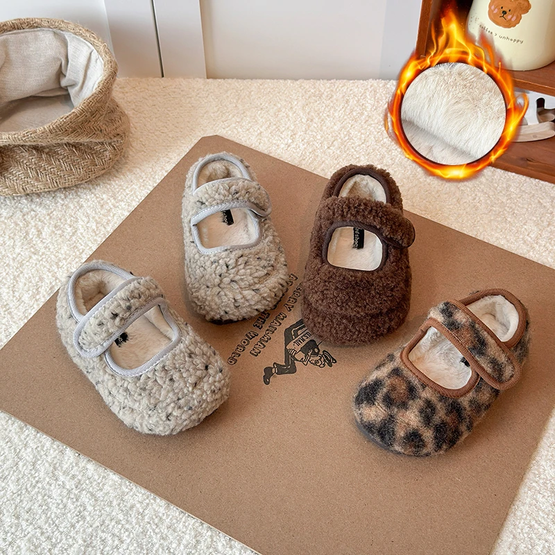 

Winter New Children Flat Shoes Leopard Fur Light Toddle Kids Casual Shoes Plush Warm Non-slip Leisure Comfy Girls Cotton Shoe