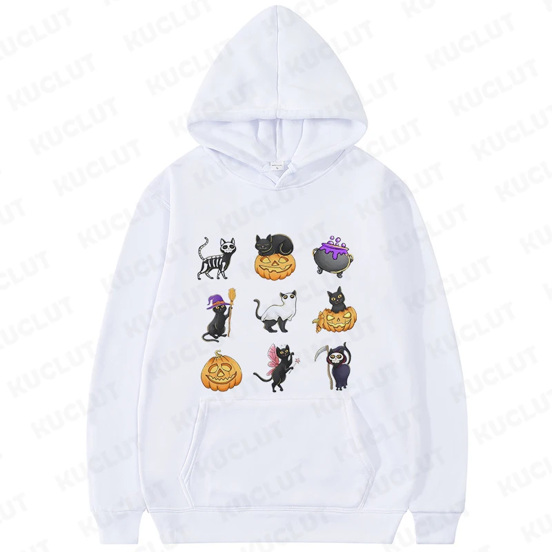 Spooky Hoodies Black Cat Halloween Sweatshirt for Women Gift for Cat Lover Casual Pullover Sweat-shirt Long Sleeve Outerwears