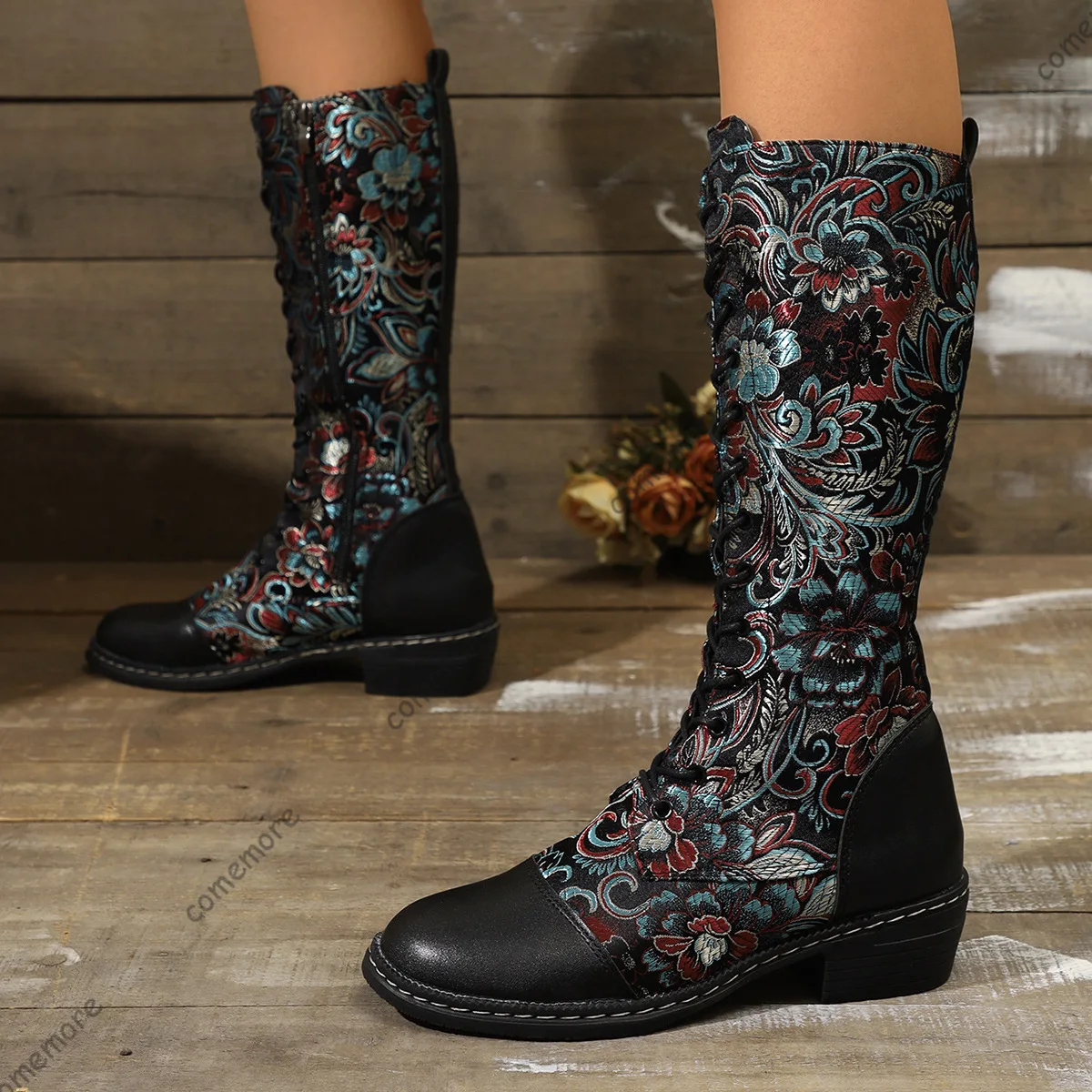 Comemore Autumn and Winter New Ethnic Style Mid-calf Boots Embroidery Splicing Side Zipper Low Heeled Knight Botas Female Shoes