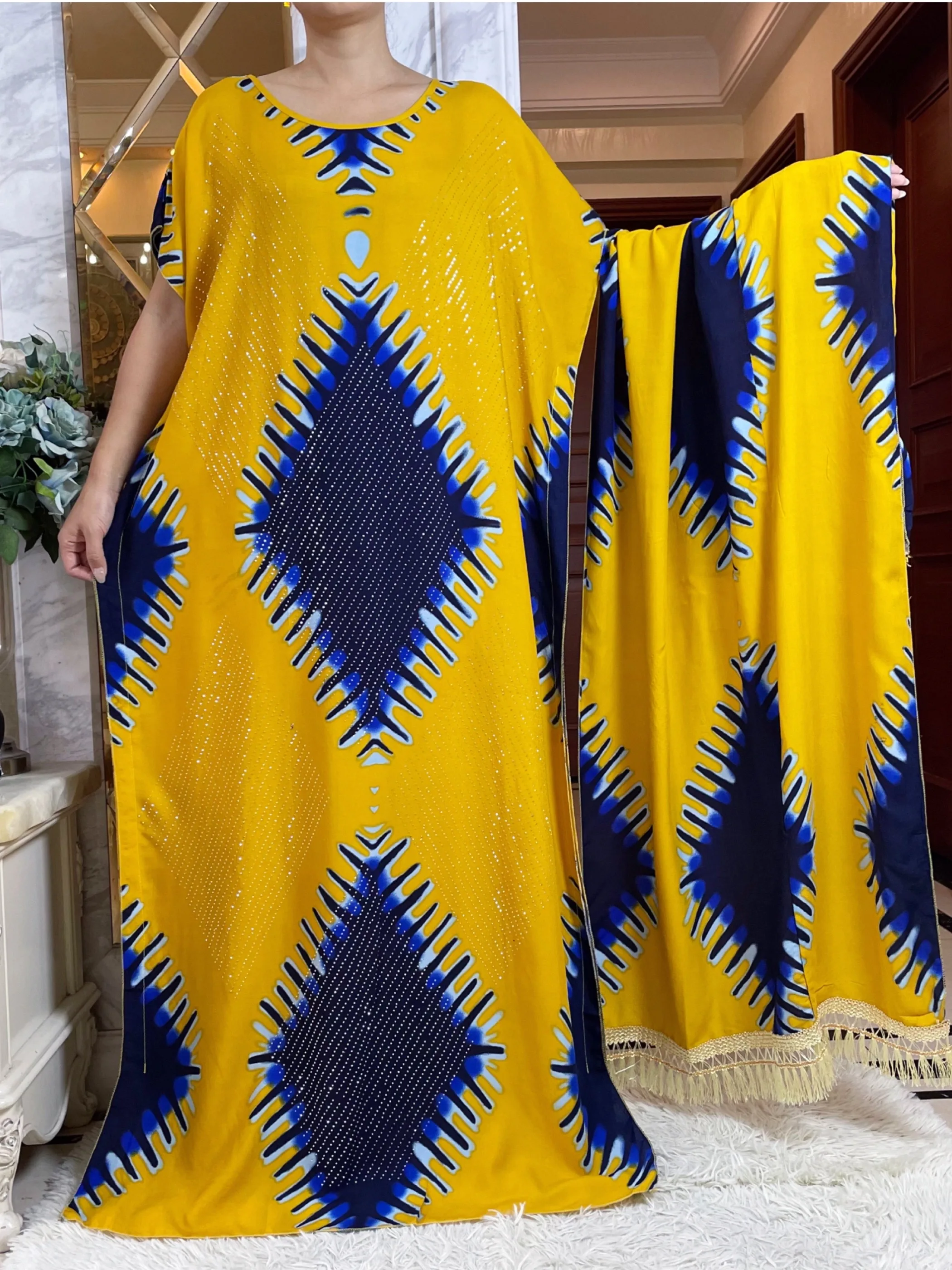 2024 African Summer Short Sleeve Dashiki Dress with Big Scarf Loose Boubou Maxi Islam Women Casual Dress Diamonds Abaya Clothes