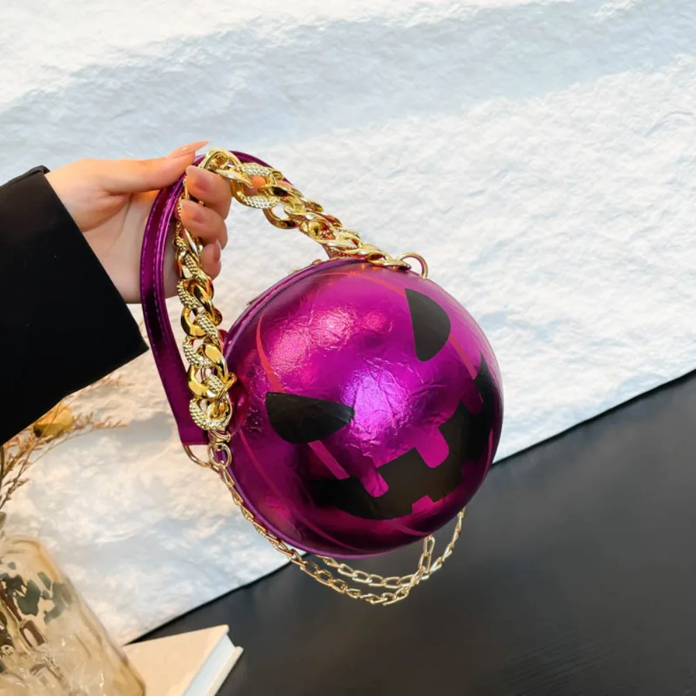 Personalized PU Leather Pumpkin Round Bag 3D Alloy Halloween Ball Bag Solid Color Waterproof Ghost Chain Handbag Women