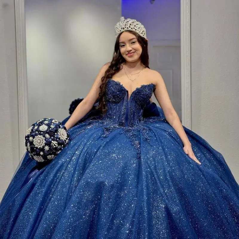 Azul marinho brilhante quinceanera vestidos de baile renda miçangas cristal arco tule rendas sem costas festa princesa doce 16 vestido colete