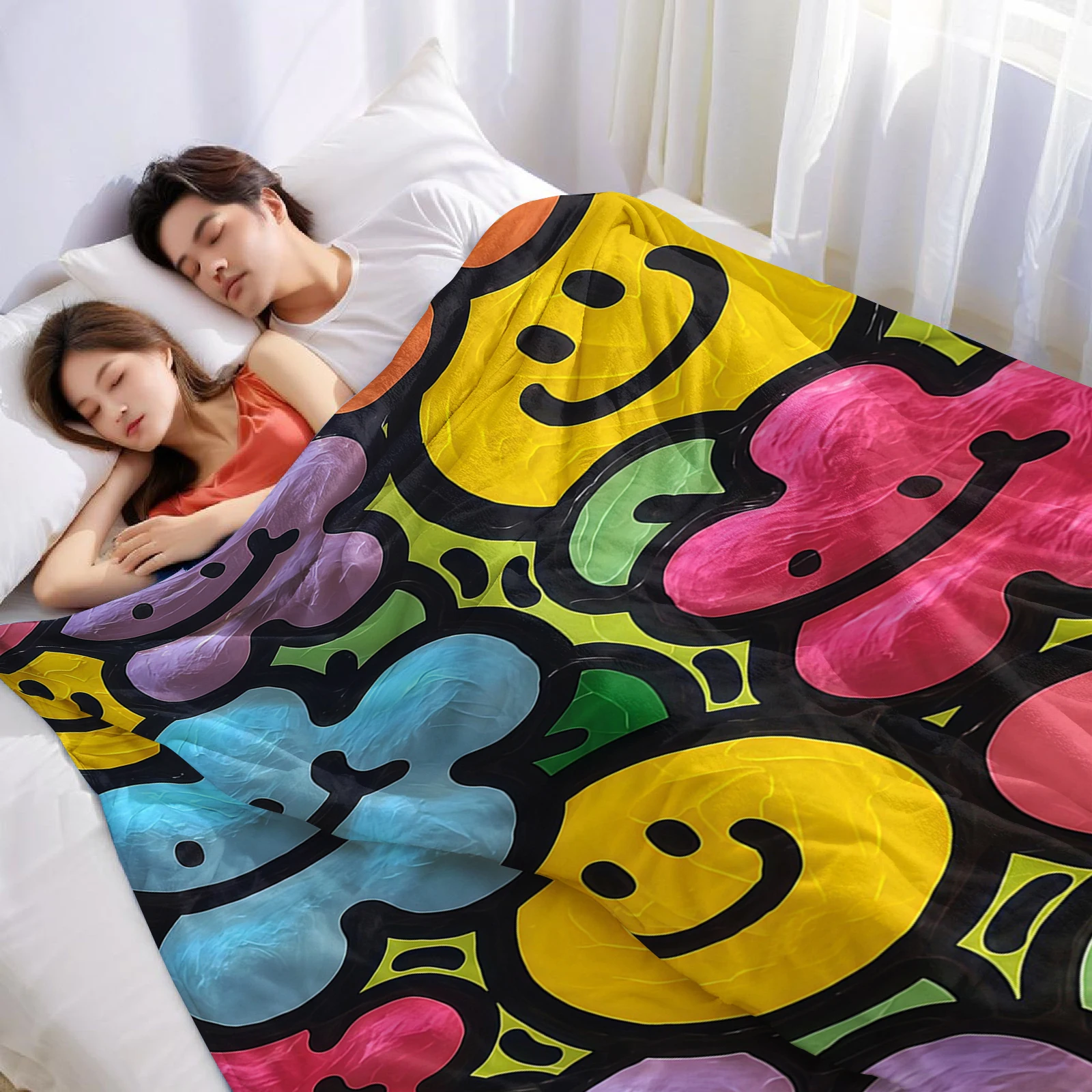 Rainbow Smile Lightweight Microfiber Flannel Blanket Soft Warm Cozy Throw All Season for Bed Sofa Office Travel Gift