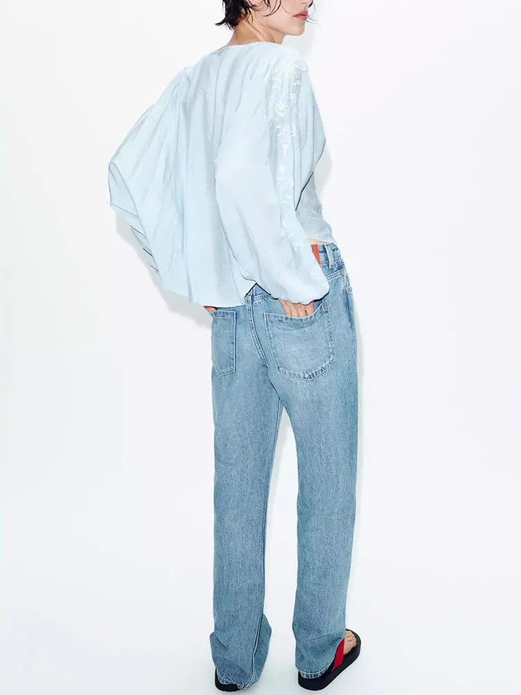 Spring New Arrival Women's Long Sleeve V-Neck Hollow out Embroidered Shirt Ethnic Stage Costume Fashionable Ladies' Top