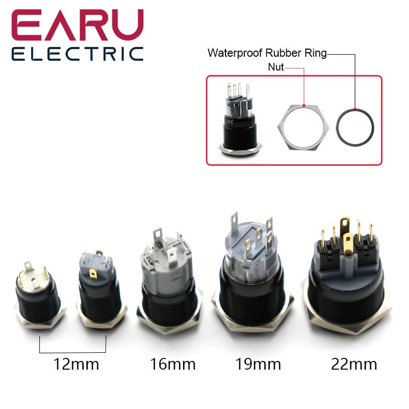 12/16/19/22mm Waterproof Metal Push Oxidized Black Button Switch Latching Momentary LED Light Power Switch 5V 12V 24V 220V