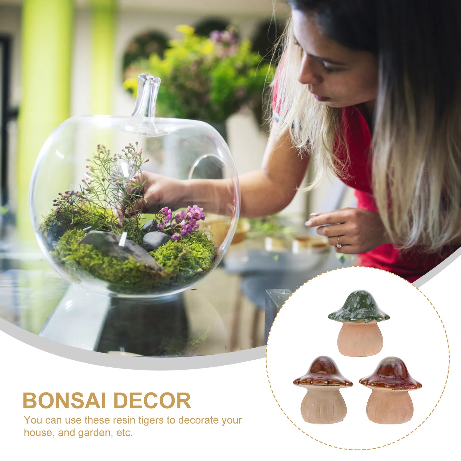3Pcs Artisan Ceramic Mushroom Decor Beautiful Exquisite Surface Design for Desk Bookshelf Garden Shelf Home Office Decoration