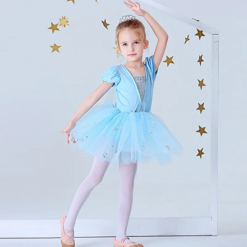 Summer Kids Girl  Dress Short Puff Sleeves Ballet Dance Costume Princess Elsa Snow White Sophia Mesh TUTU Skirt K708090