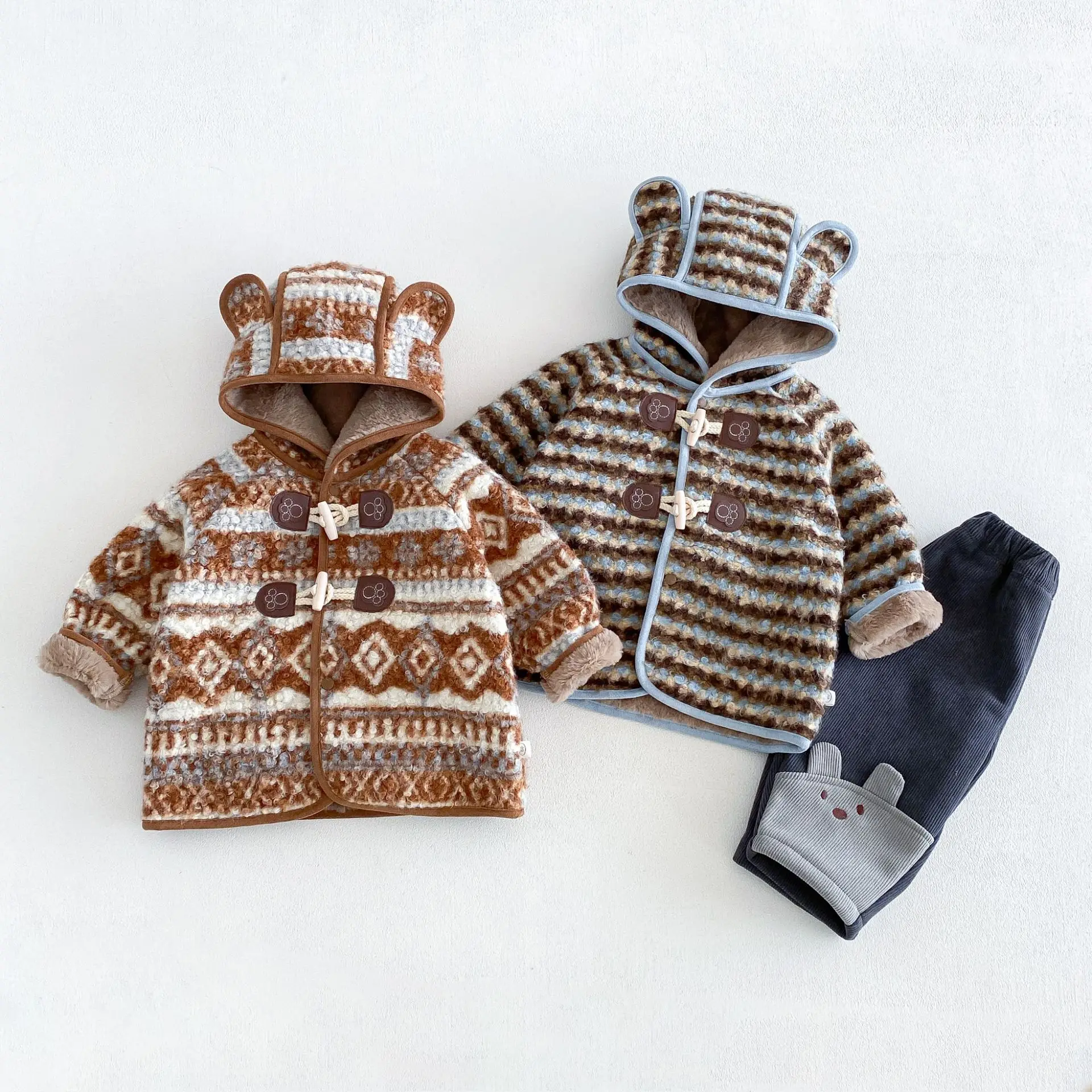2026 New Winter Boys Frog Button Plush Coat | Vintage Striped Thick Hooded Jacket | Warm Outwear