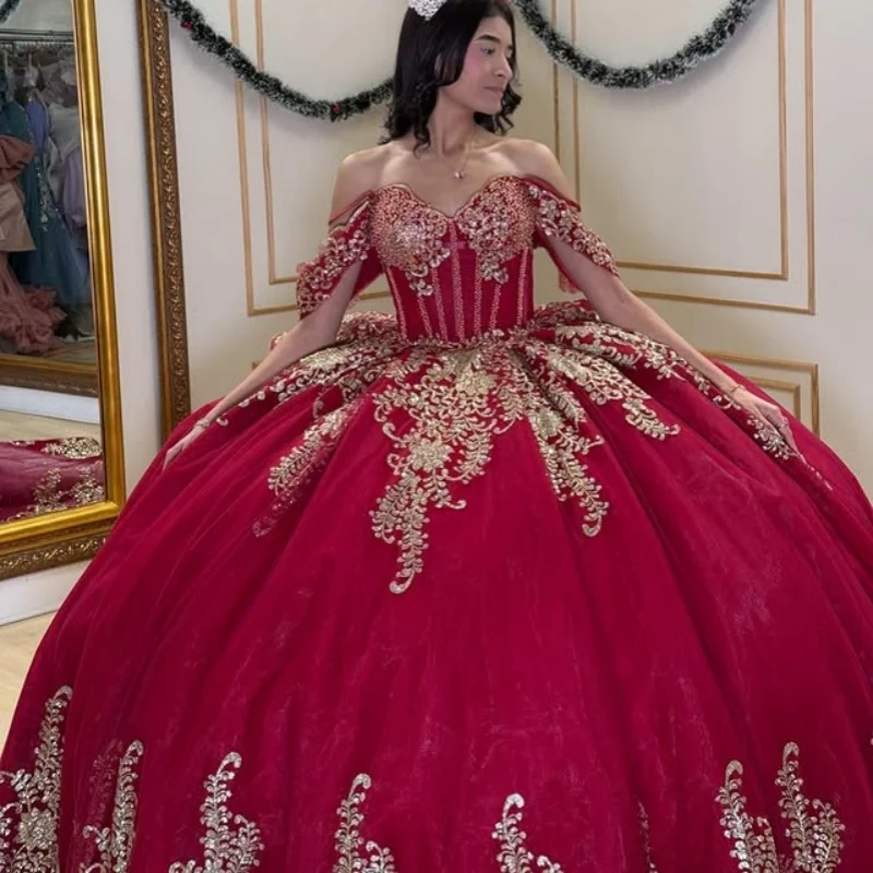 

Red Quinceanera Dress crystal golden glitter Decal Long tail Bow Lace ruffles Vestidos De 15 Quinceanera ﻿Customize