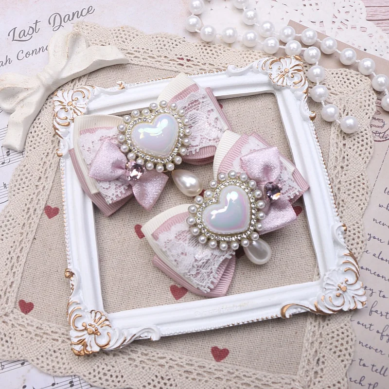 

Японская ручная работа, оригинальная мягкая милая заколка в стиле Лолиты для девочек, милая ретро кружевная русалка Цзи, бант с любовью, заколка для волос, боковой зажим, маленькая пара зажимов для женщин