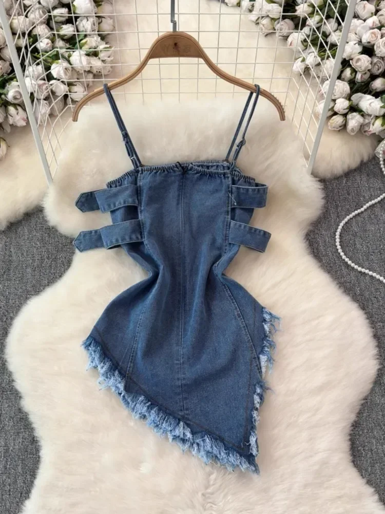 TWOTWINSTYLE Solid Asymmetrical Denim Dresses For Women Strapless Patchwork Tassel High Street Slimming Dress Female KDR522044