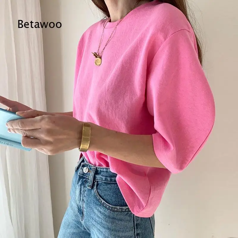 Womens Summer Loose Solid Color T Shirt With Puff Five Quarter Sleeves Casual Ins Style Basic Top Versatile Simple Garment