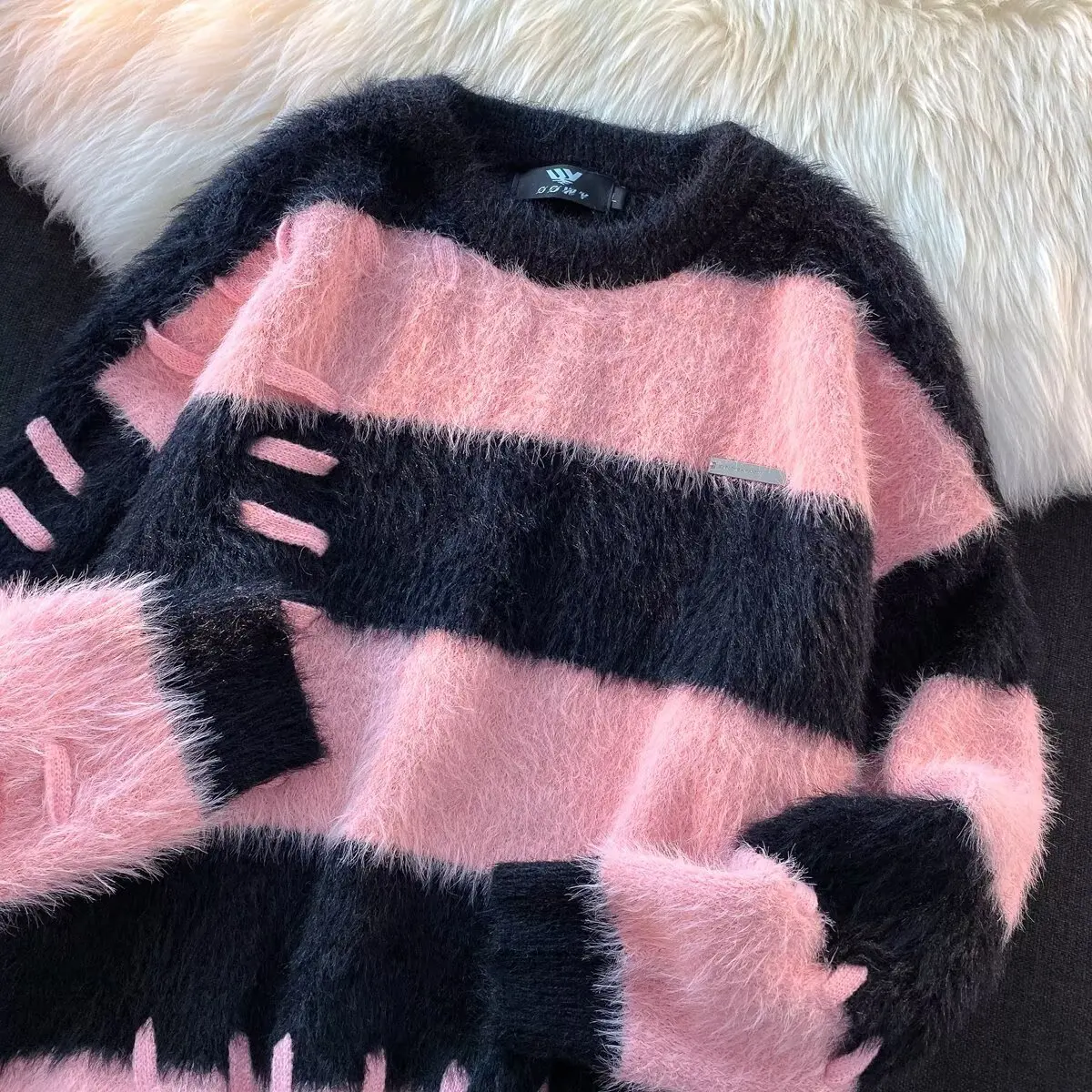 

Men's Autumn Winter Large Size 250 Pou Stripe round Ne Sweater Couple's Knitted irt Japanese Sle Lazy College Sle