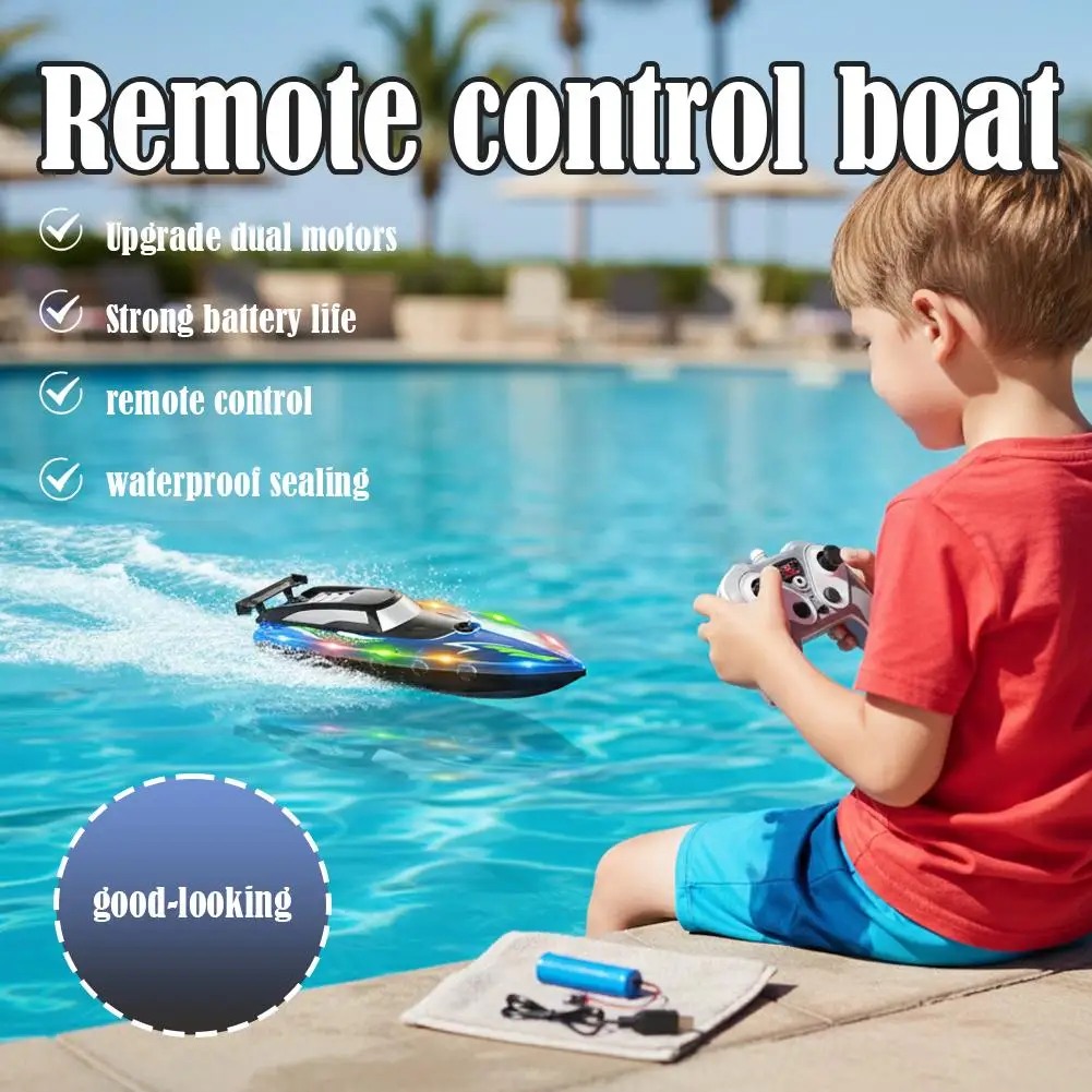 Barco RC de alta velocidad para niños y adultos, barco de carreras de doble Motor con luces LED, barco de Control remoto impermeable, juguete, regalo de cumpleaños