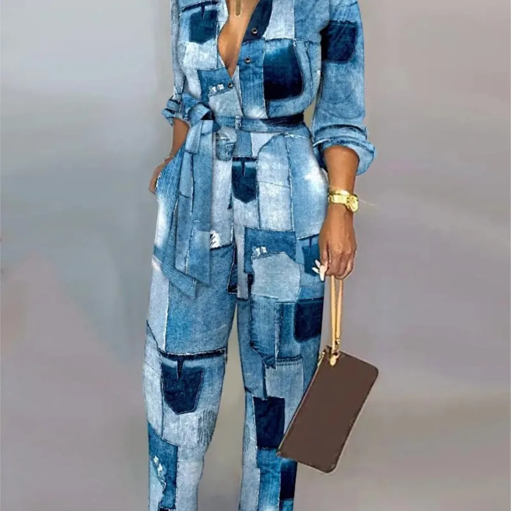 Spring Autumnnew Printed Long Sleeved For Women\'s Jumpsuit Fashion Slim High Waist Lace Up Elegant Female Office Jumpsuit Pant