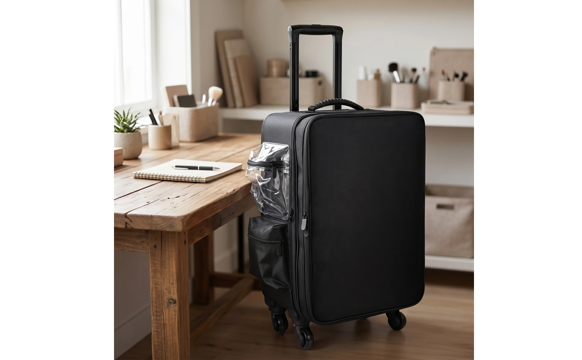 Makeup Case with Rotating Wheels Hard-Sided Sminkkoffert Med Hjul Sminkväska På Hjul Multi-Compartment Cosmetic Trolley Zippered