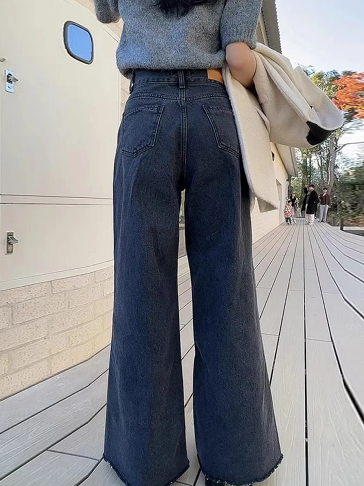 Ele High Waist Wide Leg Jeans Women's Casual Sle Double Button ket Slimming Autumn Winter Denim Pants Faionable
