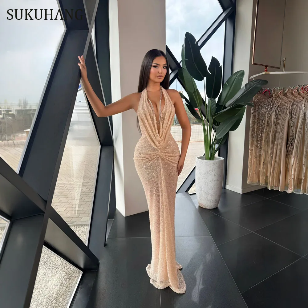 فساتين سهرة وردية من SUKUHANG بدون حمالات حورية البحر مطوي فستان حفلات للنساء مناسبة فستان فيستدوس دي فييستا مخصص #1