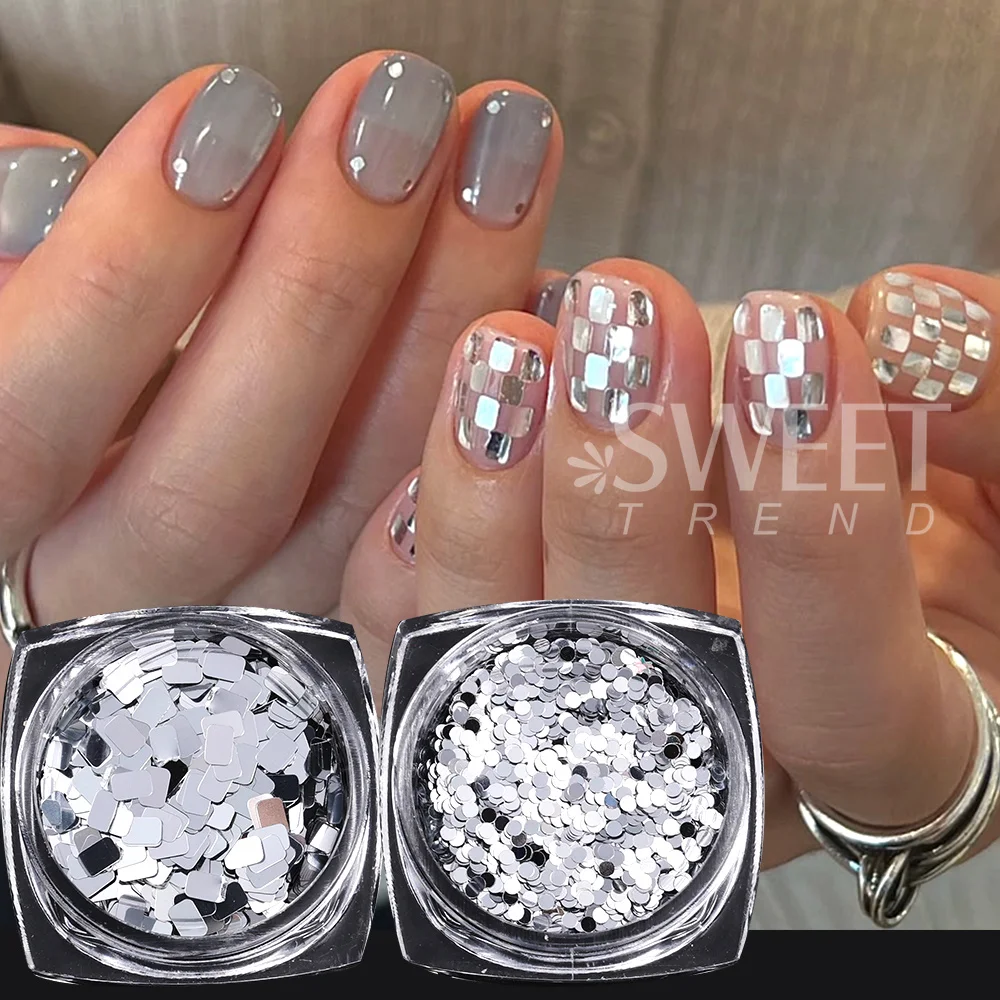 SWEET TREND-1/ 4 Boxes Mini Nail Art Polka Dot Star Sequin Flakes Silvery Shiny Rectangle Glitter Sequin Accessories Manicure