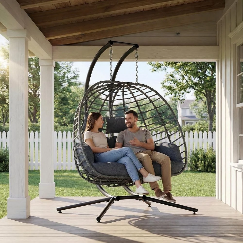 

2 Person Outdoor Patio Swing Chair with Stand, Wicker Hanging Hammock with Cushion, Ideal for Garden or Bedroom - Grey