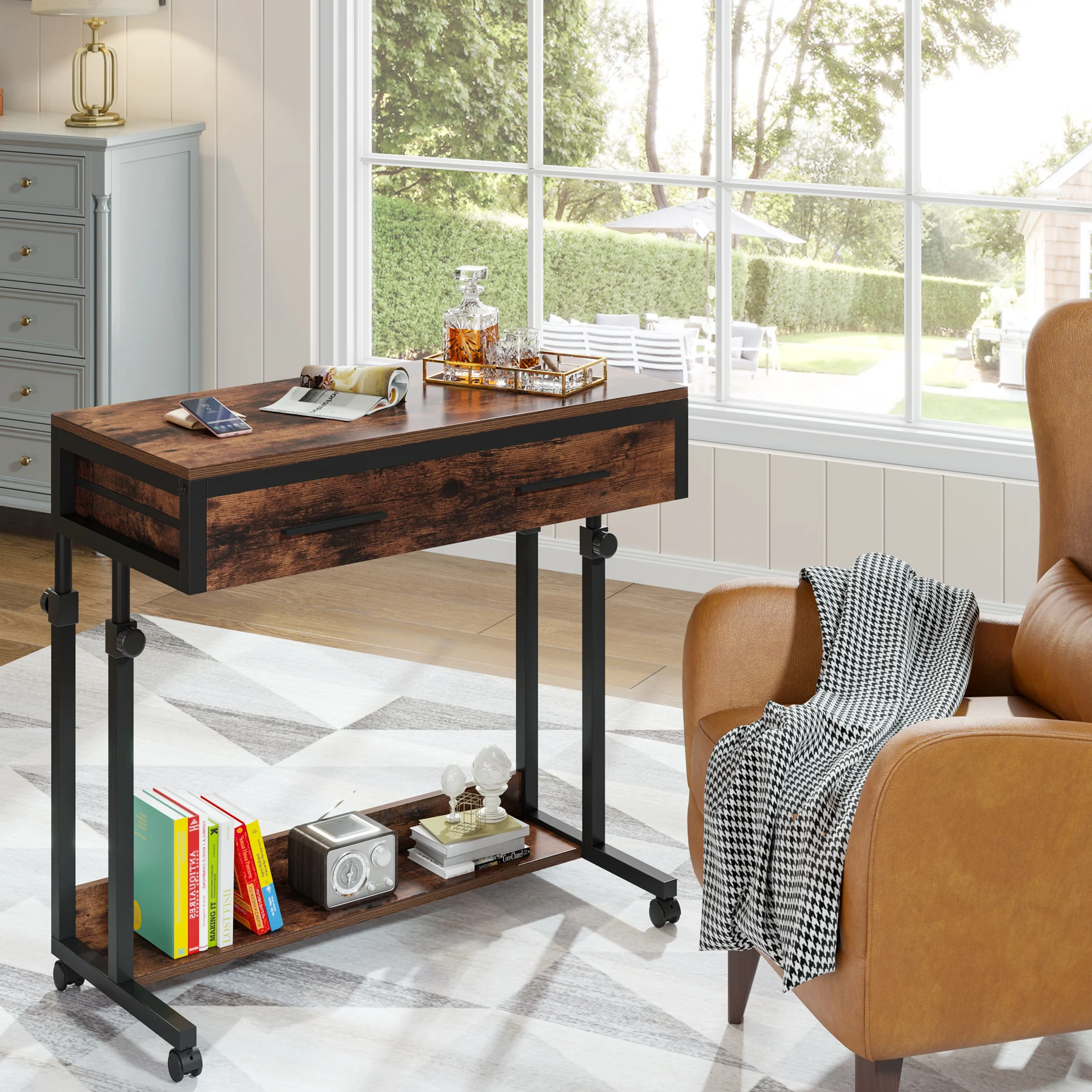 Portable Desk with Drawers, Mobile Laptop Desk with Wheels, Sofa Side Table Small Portable Standing Rolling Table
