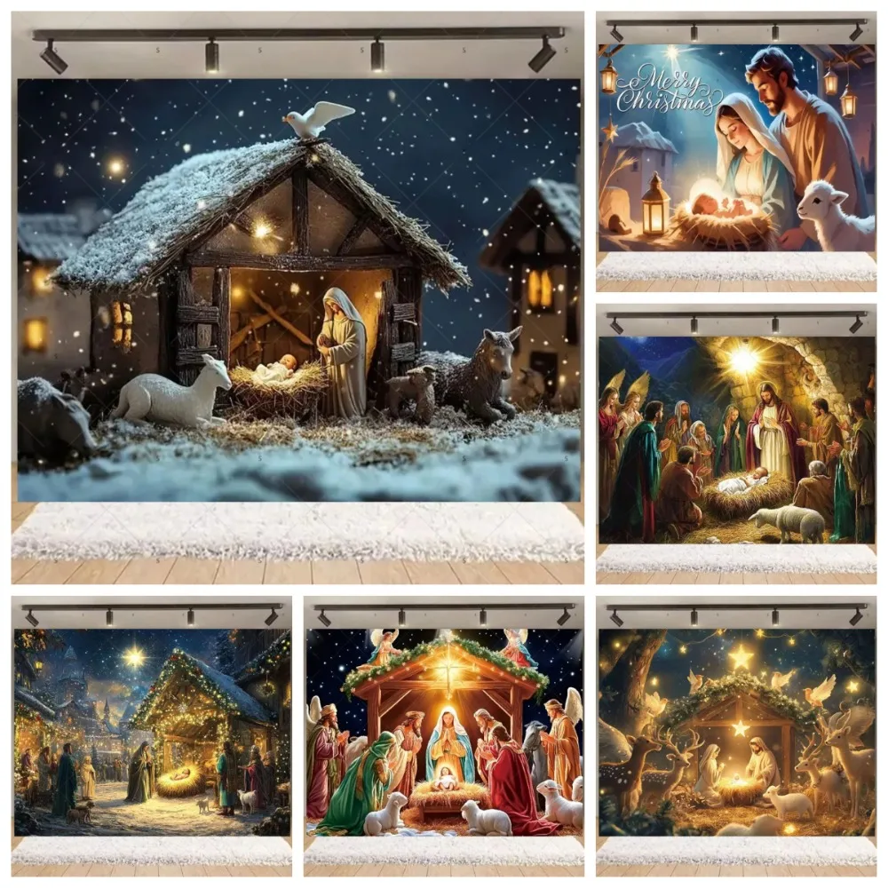 

Birth of Jesus Themed Birthday Banner Background Cloth, Adult Birthday Party, Home Decoration Photography Studio Backdrop Props