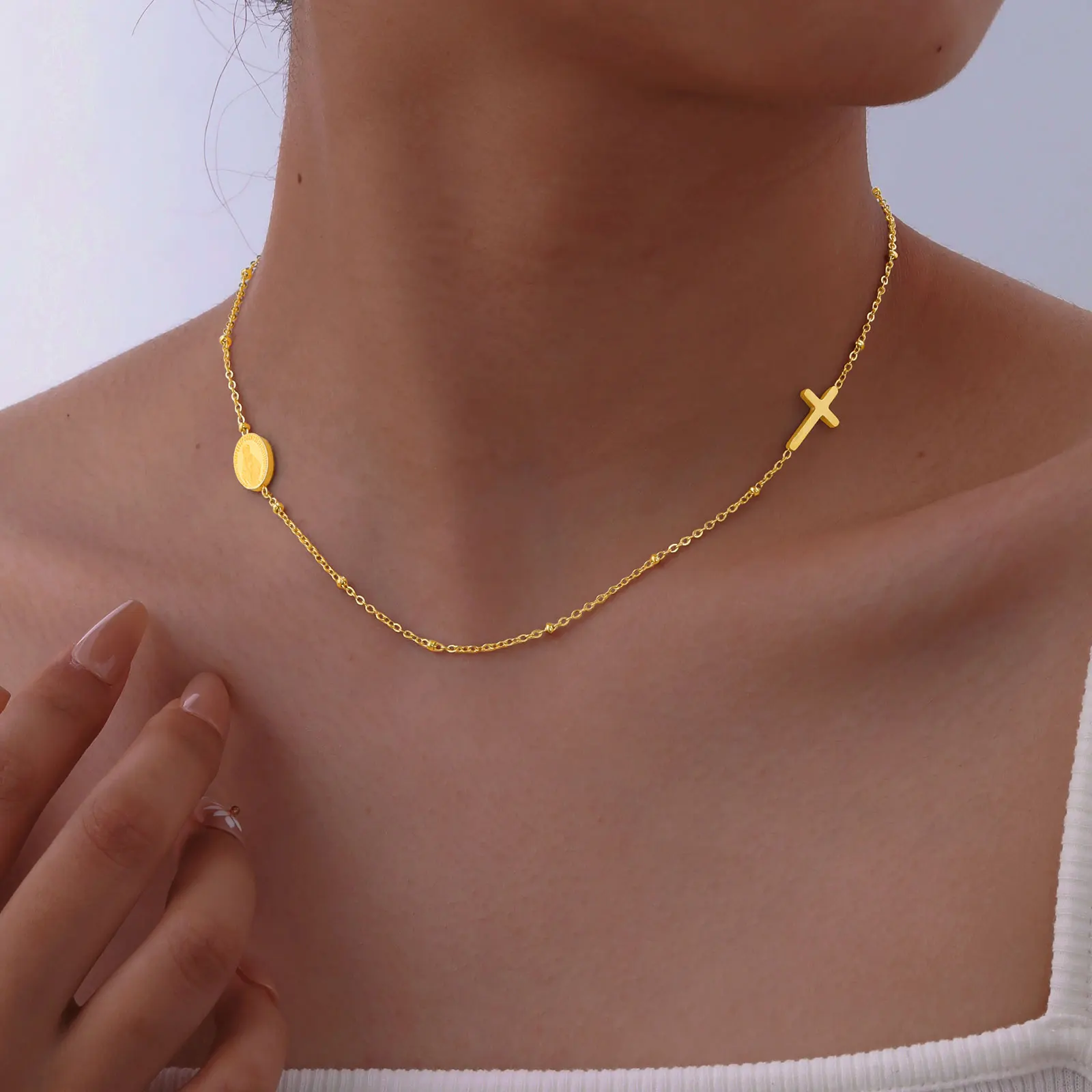 

Virgin Mary Sideway Cross Necklaces,Christian Catholic Stainless Steel Cross Chain Jewelry