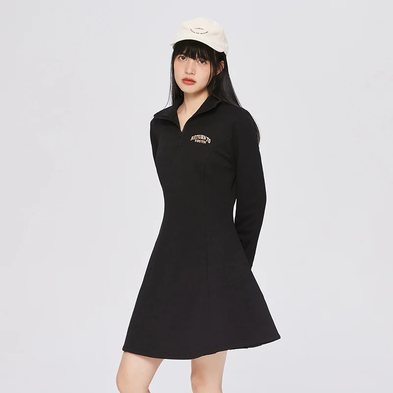 Semir Dress Women Polar Fleece Embroidery 2023 Winter New Stand-Up Collar Casual All-Match Dress