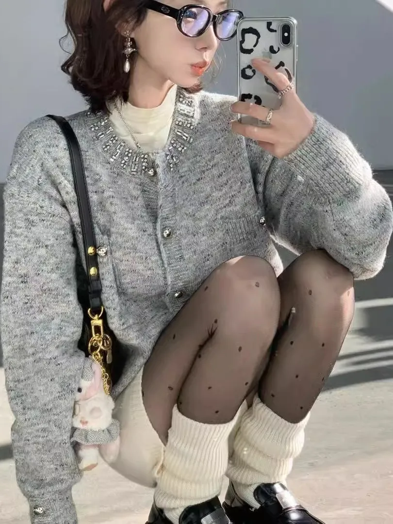 

Gray Small Fragrance Style Knitted Sweater Women's Spring Autumn Unique Beautiful Open Cardigan Korean Version Loose Fit