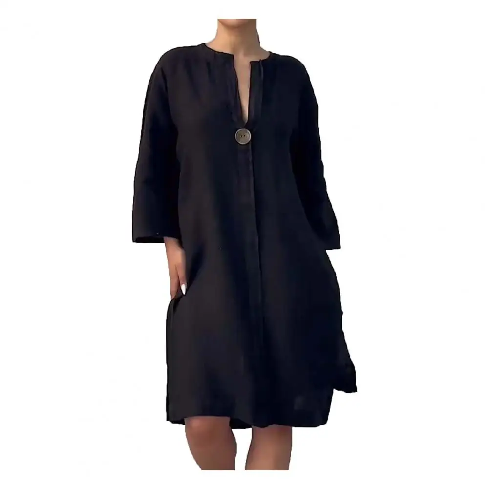 Vestido Midi com decote em v feminino, ajuste solto, vestido de botão, decoração para mulheres, linha A, cor sólida, bainha dividida, três quartos, elegante